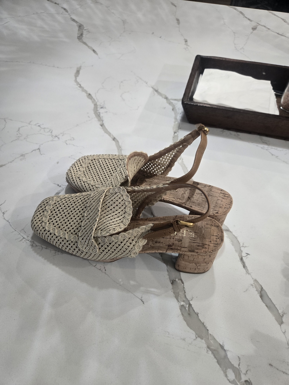 AEROSOLES Beige Woven Slingback Block Heel Sandals